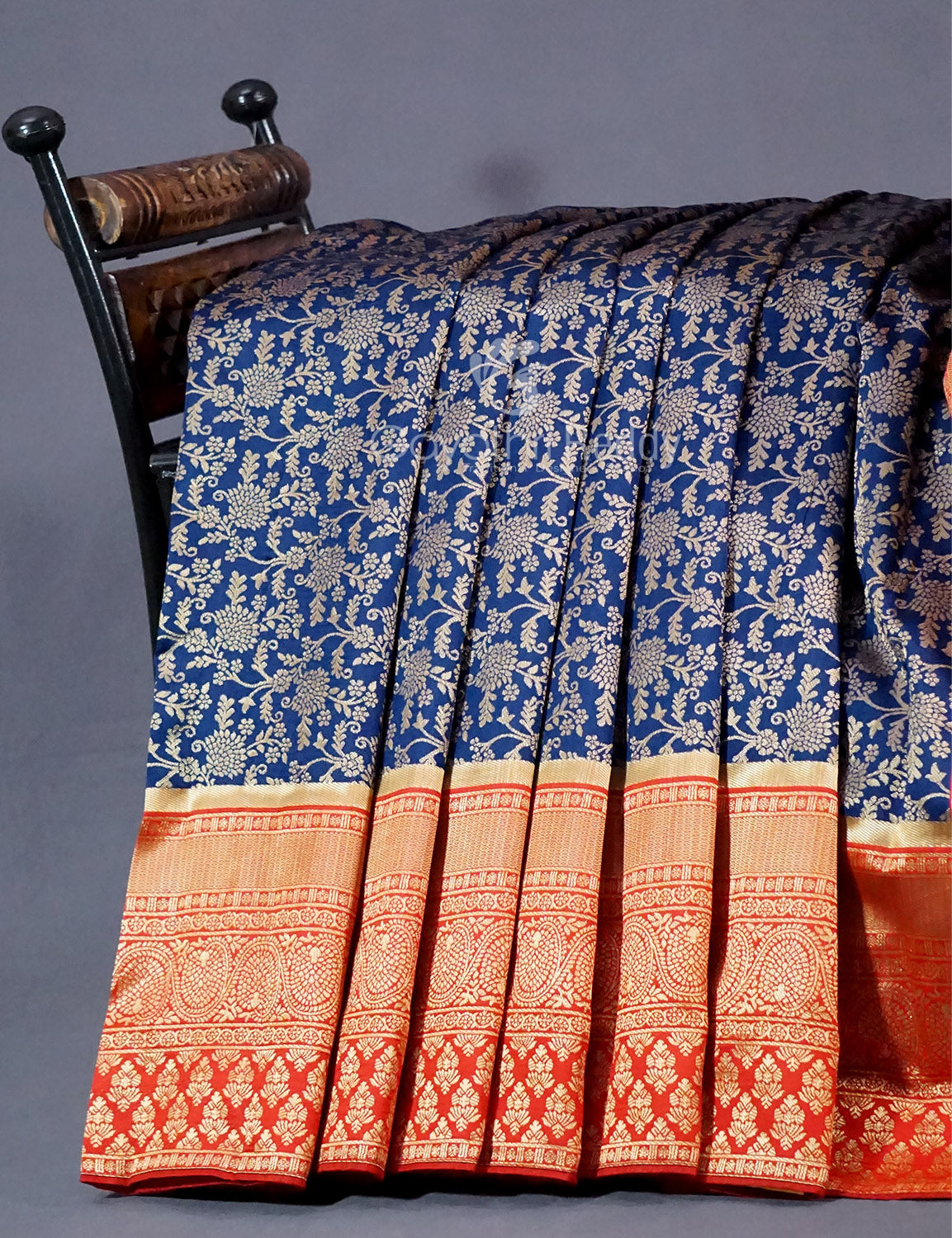 Shades of Navy Blue Floral Designbanaras Semi Silk Saree By Gayathri Reddy Designer Studio | Swadesiicart