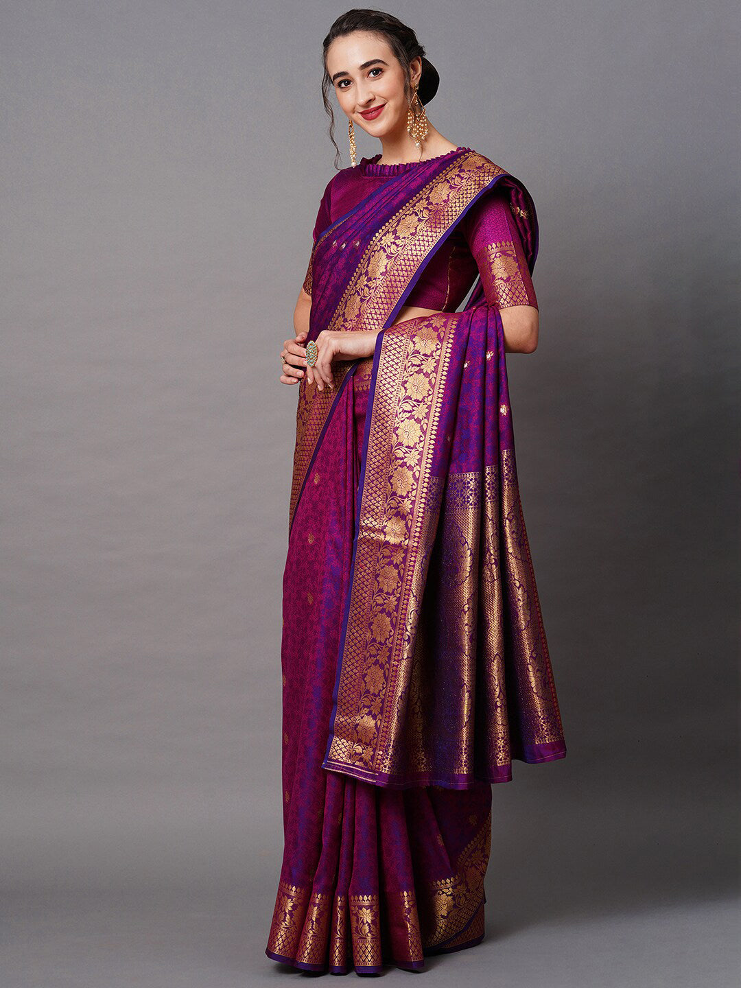 Mitera Magenta & Purple Woven Design Silk Blend Banarasi Saree | Swadesiicart