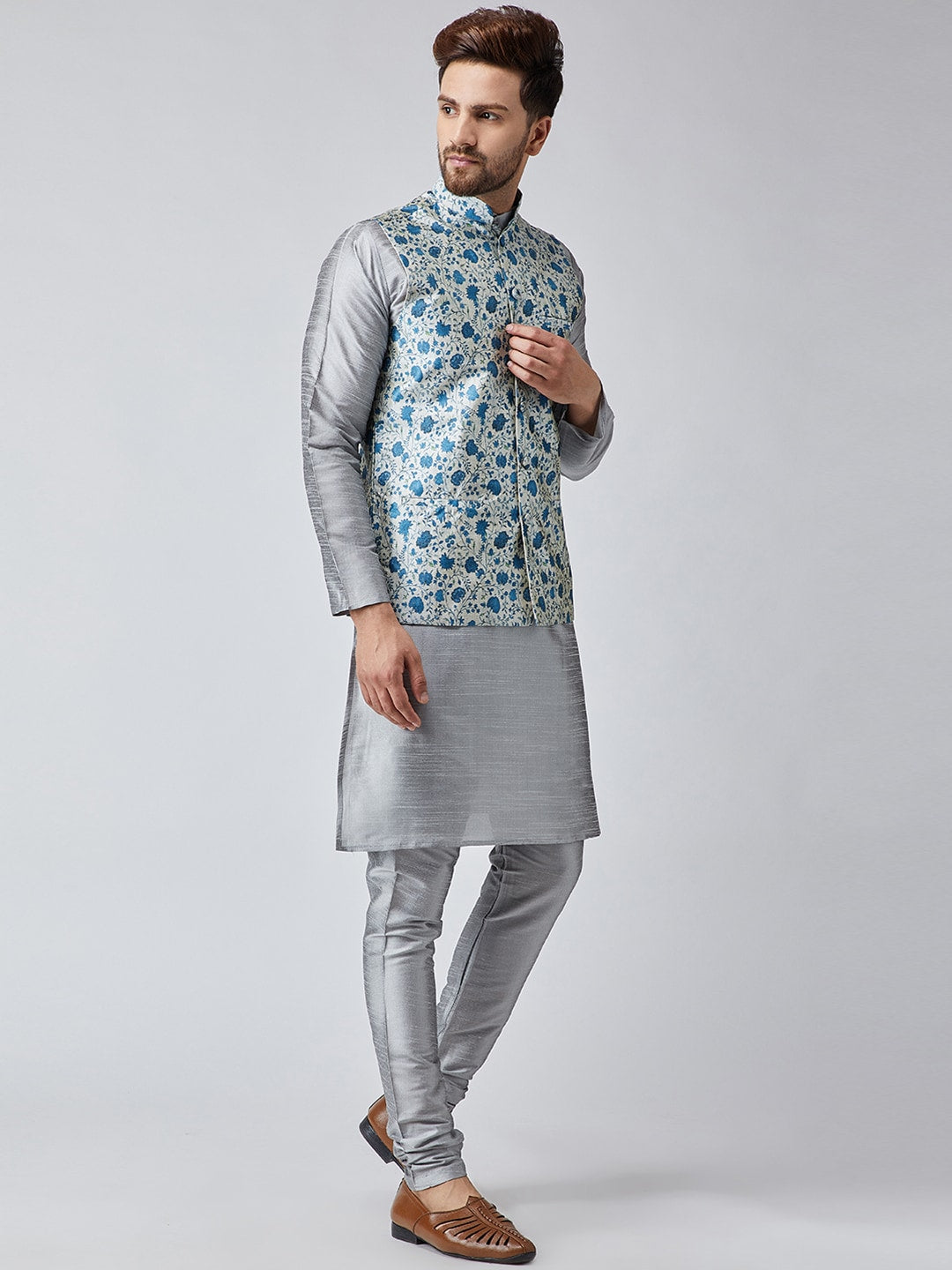 Sojanya Men Grey & Blue Self Design Kurta with Churidar & Nehru Jacket | Swadesiicart