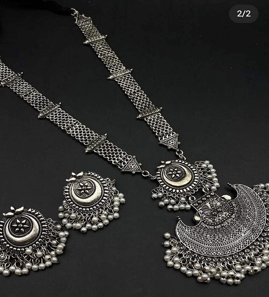 Silver-Plated Alloy Long Half Moon Oxidised Necklace - The Pari | Swadesiicart
