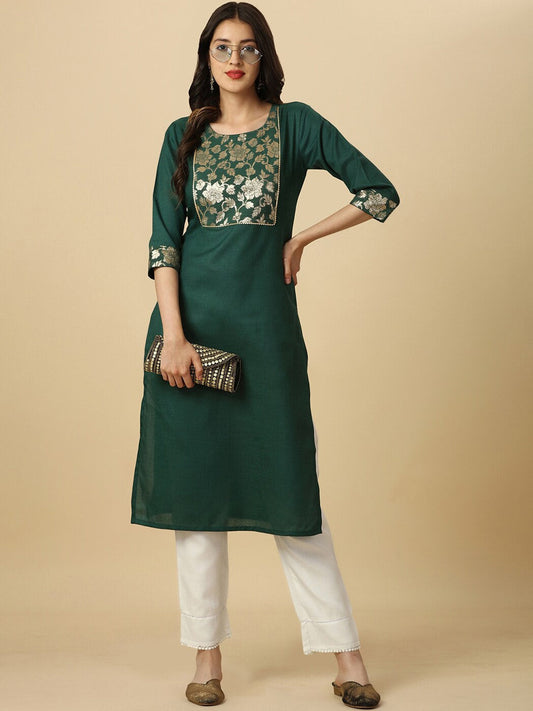 HERE&NOW Green Floral Yoke Design Gotta Patti Kurta - Swadesiicart