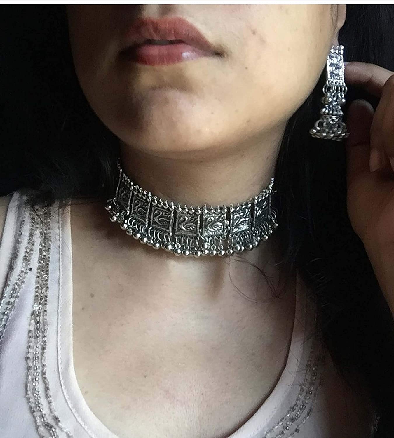 Silver-Plated Alloy Oxidised Silver Geometric Necklace - The Pari | Swadesiicart