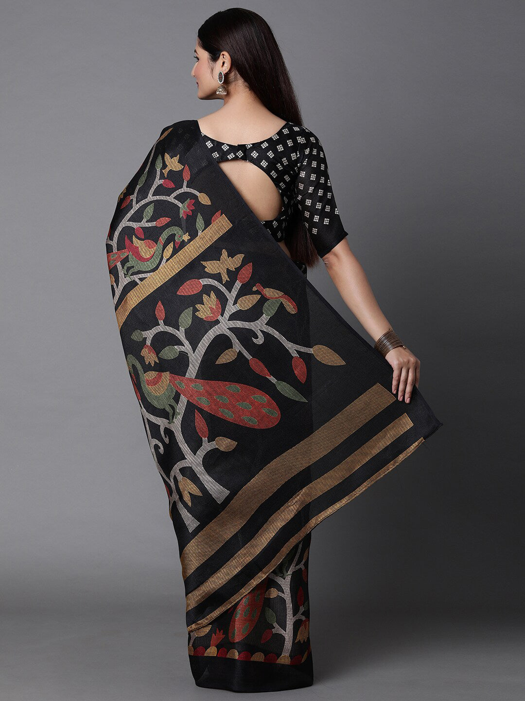 Mitera Black & Green Ethnic Motifs Jute Cotton Banarasi Saree with Matching Blouse | Swadesiicart