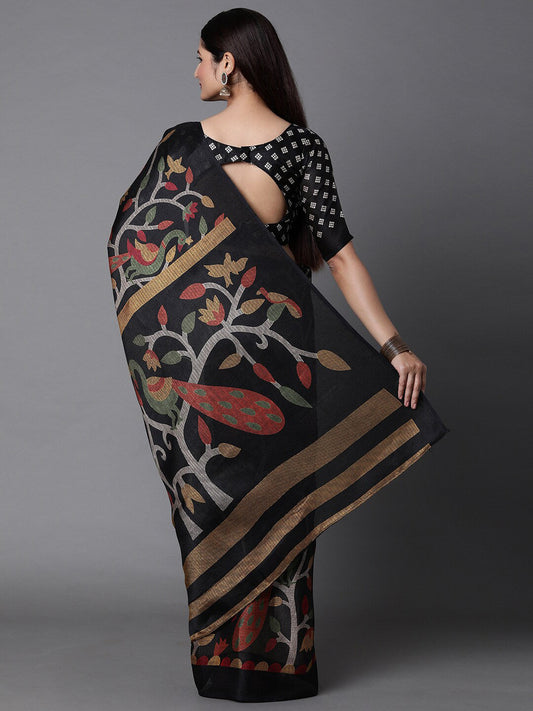 Mitera Black & Green Ethnic Motifs Jute Cotton Banarasi Saree with Matching Blouse | Swadesiicart
