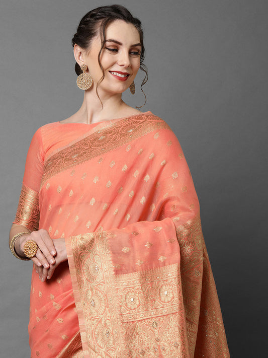 Mitera Peach-Coloured & Gold Floral Woven Design Silk Blend Banarasi Saree | Swadesiicart
