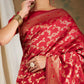 Sangria Red & Gold-Toned Floral Woven Design Zari Banarasi Saree | Swadesiicart