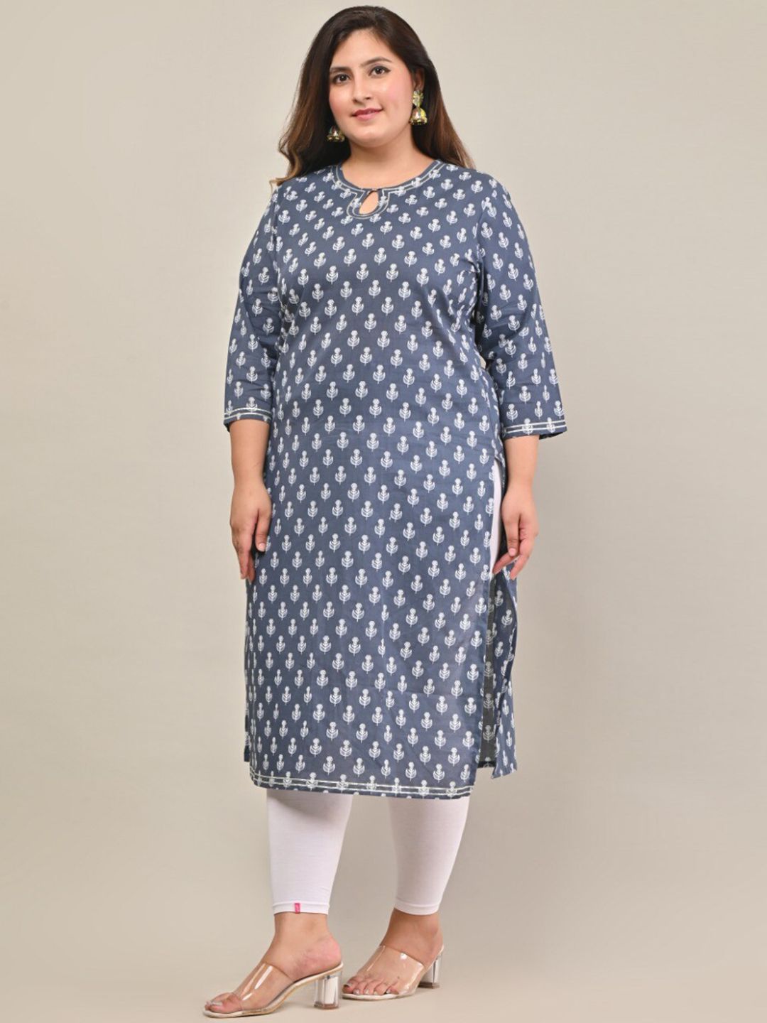 Swasti Plus size Floral Printed Keyhole Neck Cotton Kurta - Swadesiicart