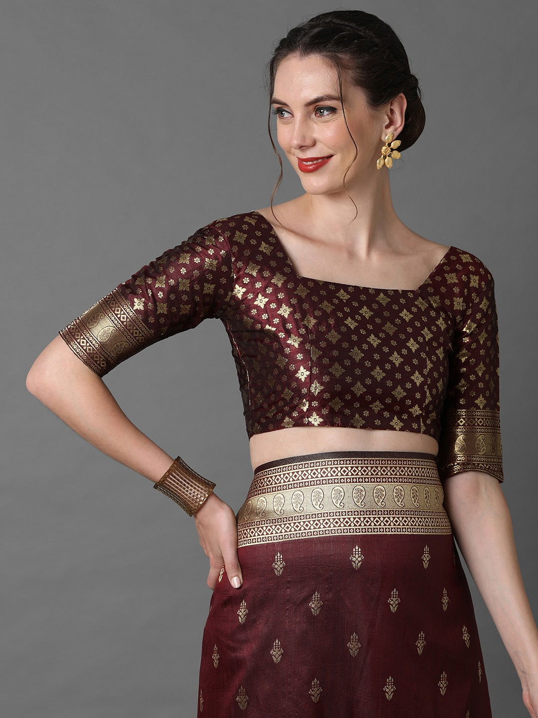 Mitera Brown & Gold-Coloured Ethnic Motifs Woven Design Silk Blend Banarasi Saree | Swadesiicart