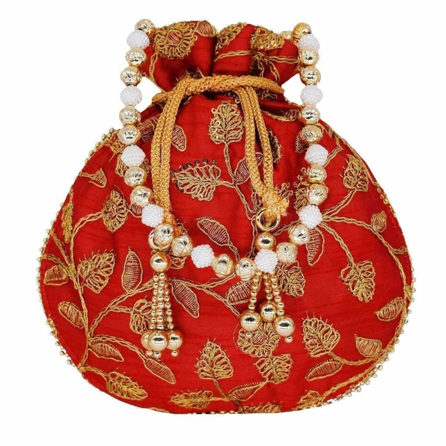 Ethnic Silk Potli bag Clutch Batwa Pouch with Embroidery and Metal Bead work Gift For Women