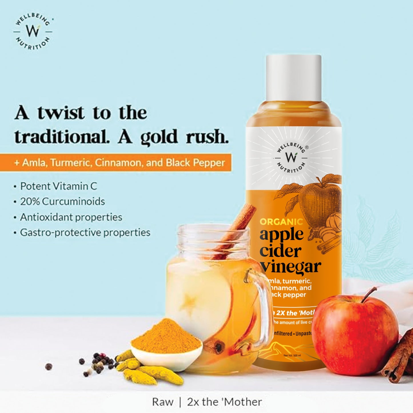 Wellbeing Nutrition Organic Apple Cider Vinegar with 2X Mother - Amla, Turmeric, Cinnamon, and Black Pepper | Swadesiicart