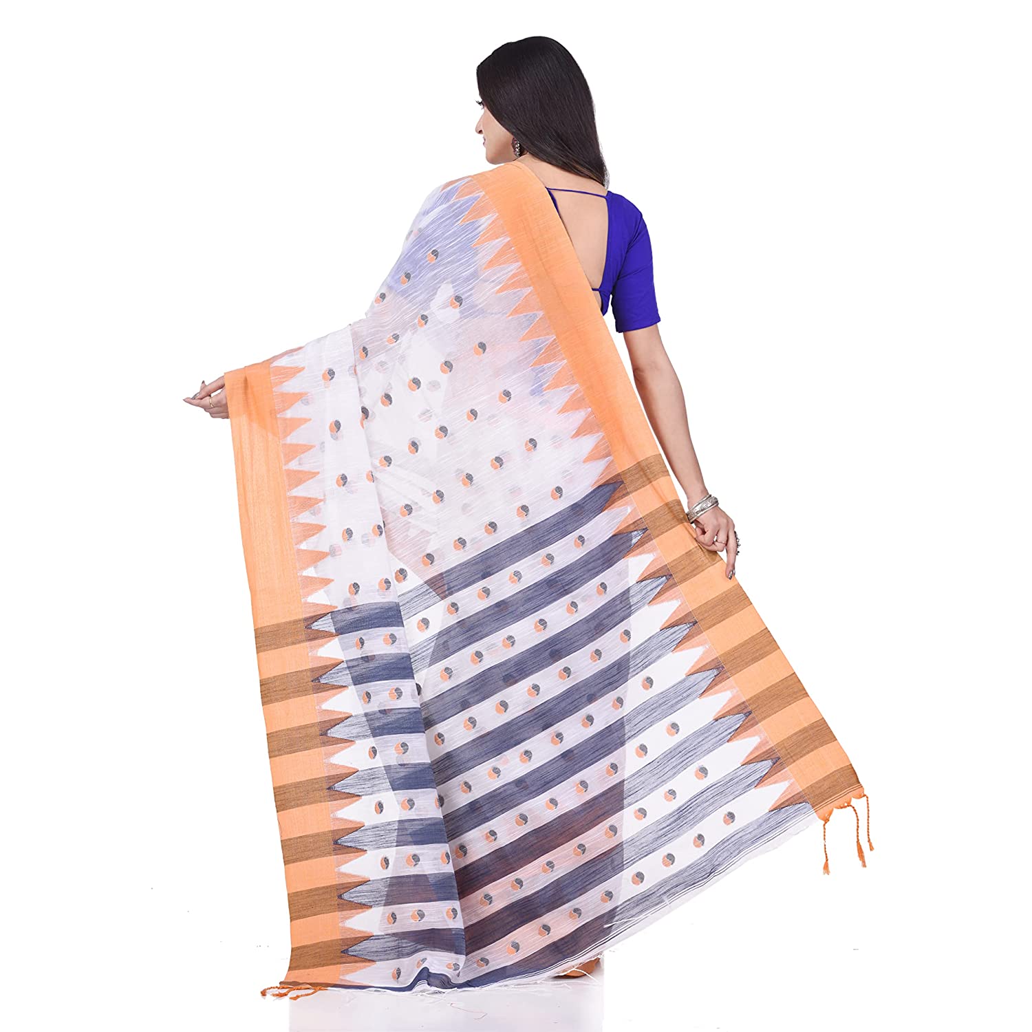 Desh Bidesh Women's Traditional Bengali Handloom Tant Pure Cotton Saree Khadi Bicolor Ball Temple Par Desigined With Blouse Piece | Swadesiicart
