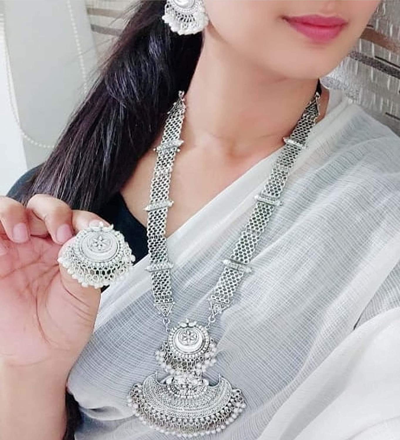 Silver-Plated Alloy Long Half Moon Oxidised Necklace - The Pari | Swadesiicart