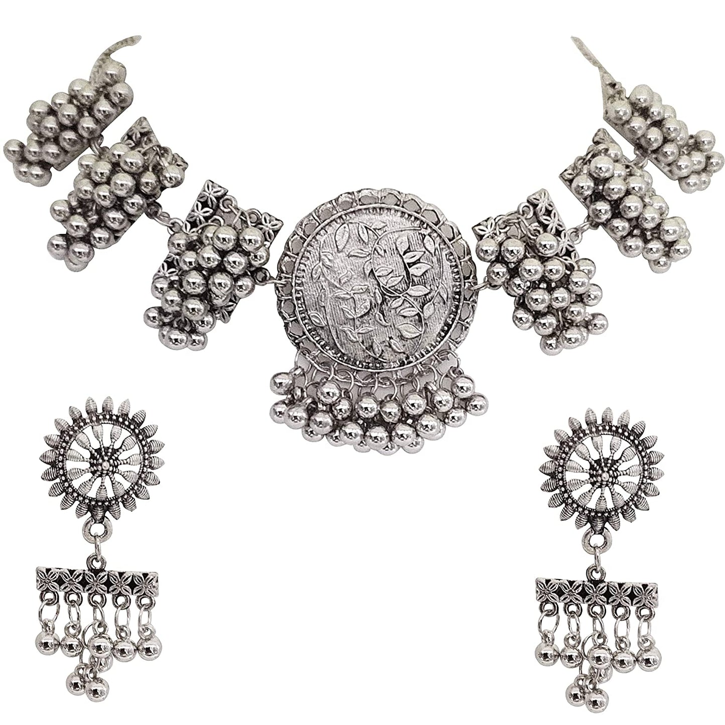 Silver-Plated Alloy Designer Round Motif Oxidised Necklace - The Pari | Swadesiicart