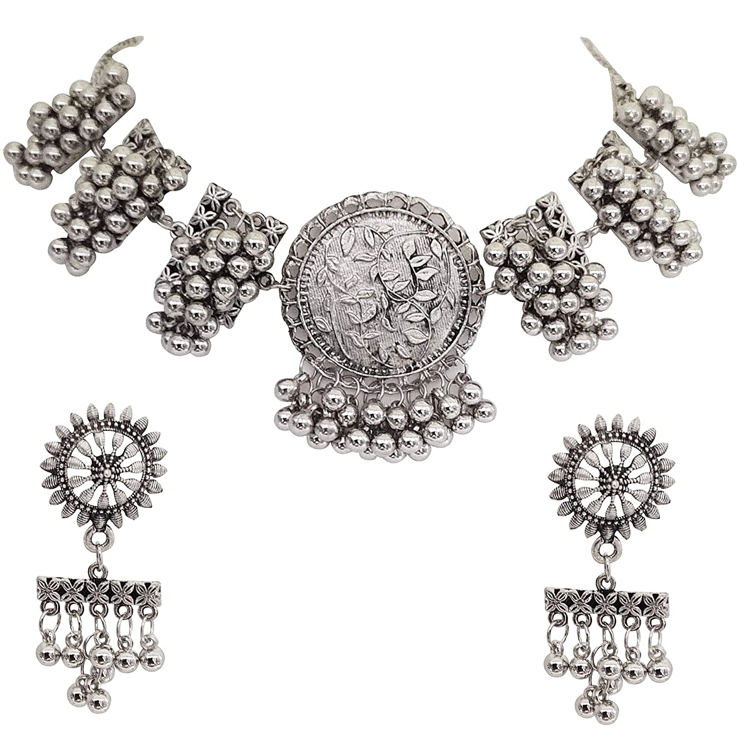 Silver-Plated Alloy Designer Round Motif Oxidised Necklace - The Pari | Swadesiicart