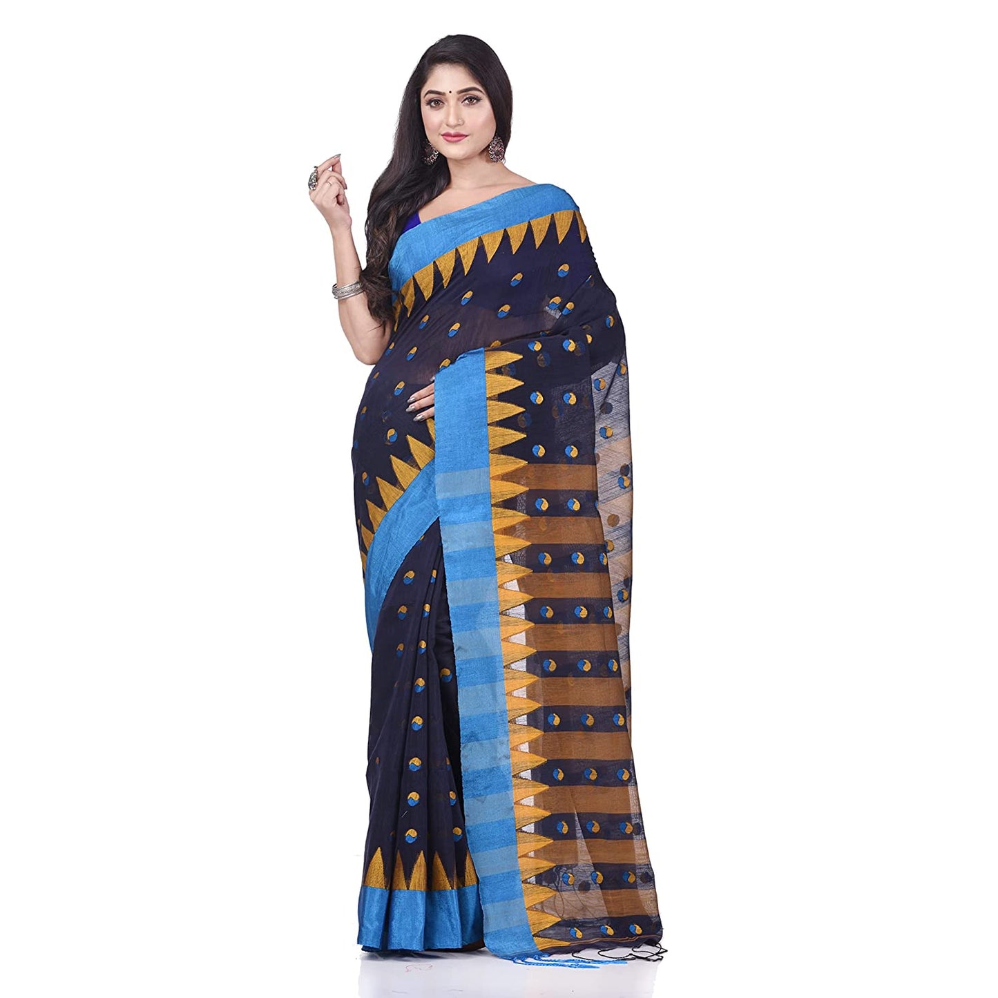 Desh Bidesh Women's Traditional Bengali Handloom Tant Pure Cotton Saree Khadi Bicolor Ball Temple Par Designed With Blouse Piece | Swadesiicart