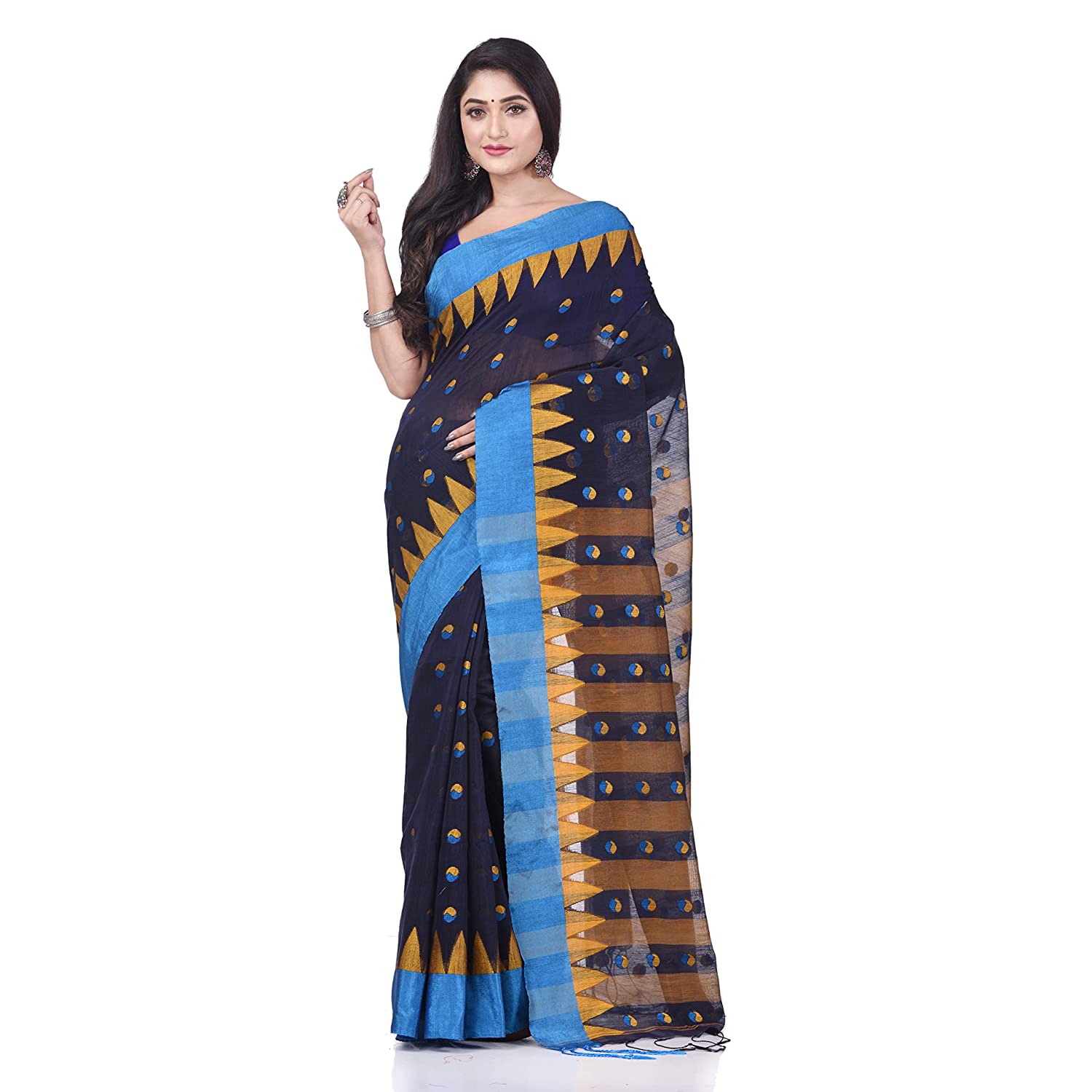 Desh Bidesh Women's Traditional Bengali Handloom Tant Pure Cotton Saree Khadi Bicolor Ball Temple Par Designed With Blouse Piece | Swadesiicart