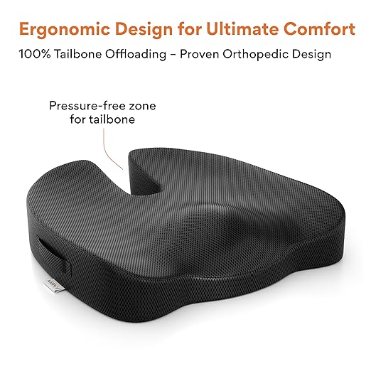 FOVERA Orthopedic Coccyx Seat Cushion for Tailbone Pain | 2-Years Warranty | Memory Foam Chair Pad for Sciatica & Back Pain Relief (18 x 17 Inch), Fits Up to 120Kg Wt, for Chair & Car (Mesh Black)