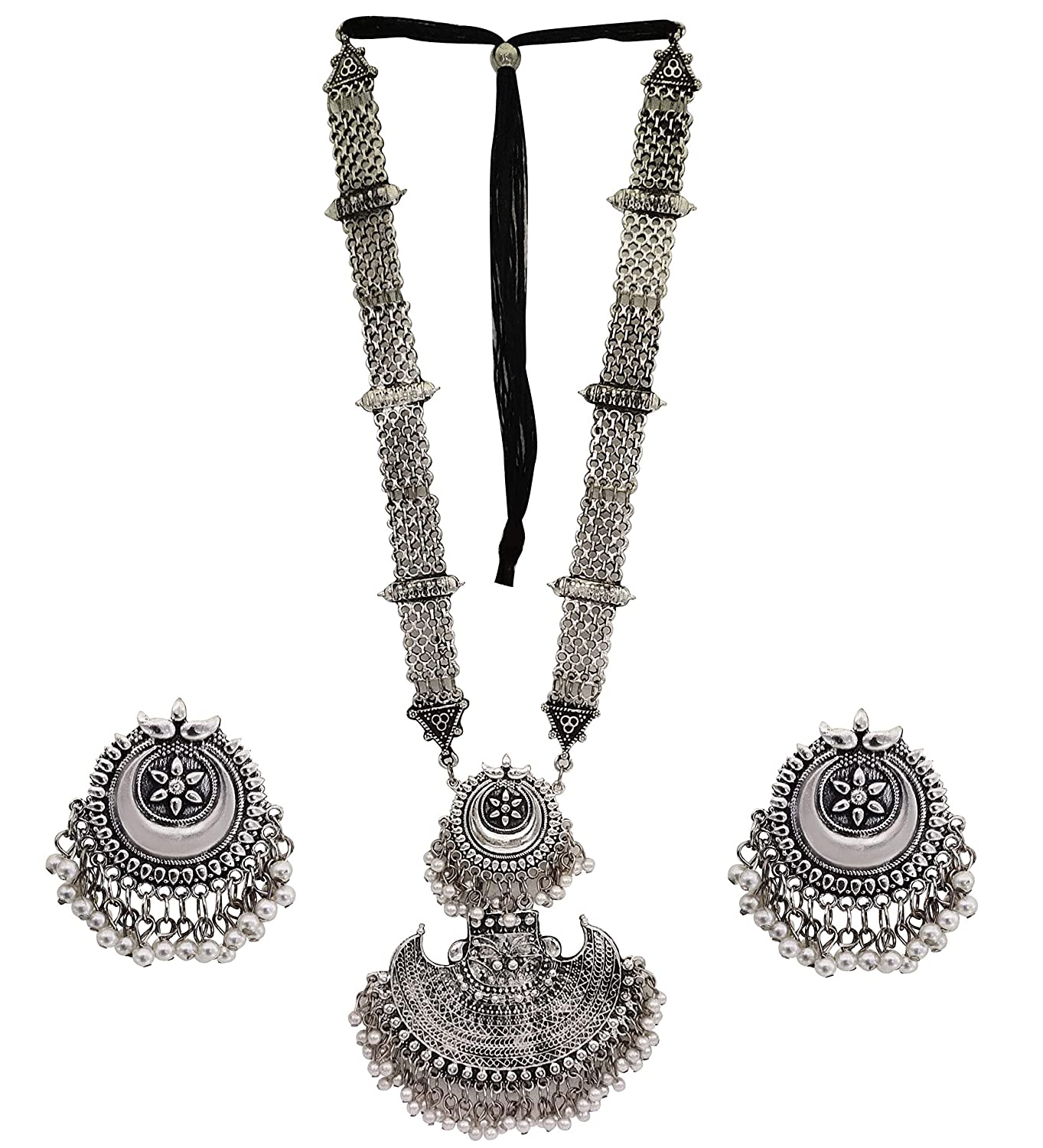 Silver-Plated Alloy Long Half Moon Oxidised Necklace - The Pari | Swadesiicart