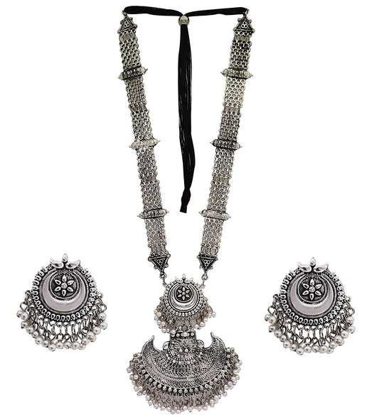Silver-Plated Alloy Long Half Moon Oxidised Necklace - The Pari | Swadesiicart