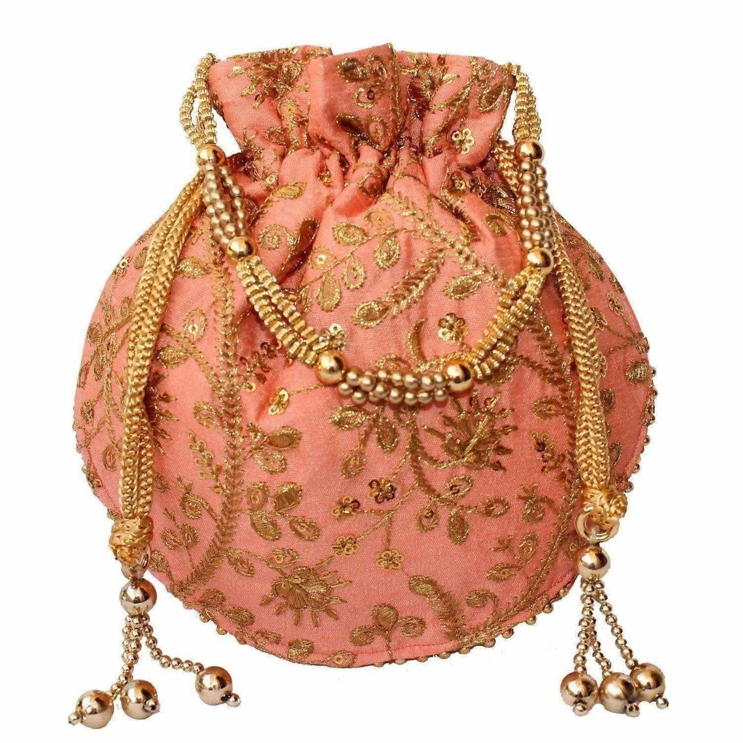 Ethnic Clutch Silk Potli Batwa Pouch Bag with Metal Bead work Gift - Swadesiicart