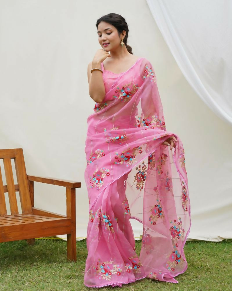 Vamsee Anamika Pink Organza Silk Saree - Swadesiicart
