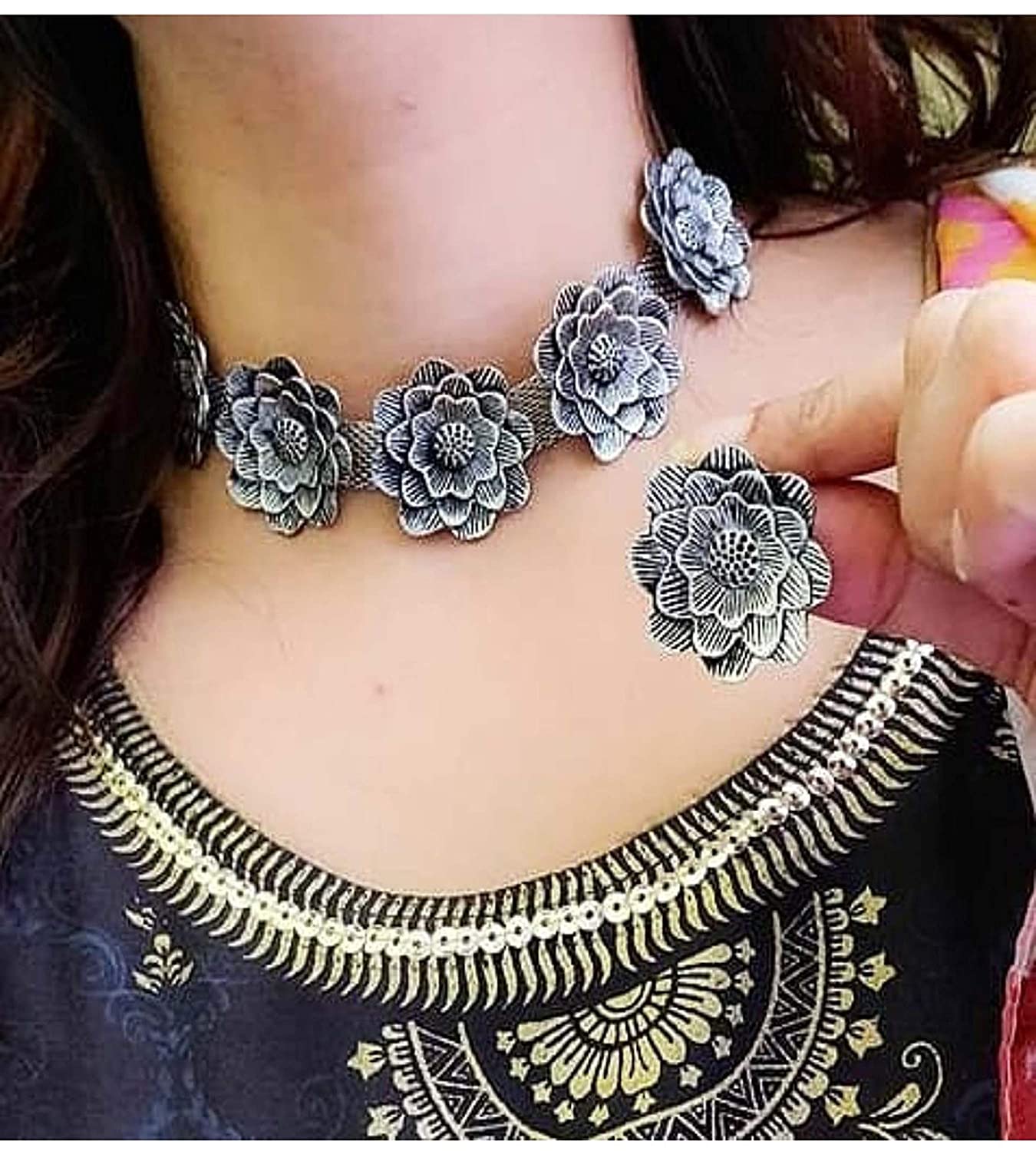 Silver-Plated Alloy Oxidised Rose Shape Necklace - The Pari | Swadesiicart