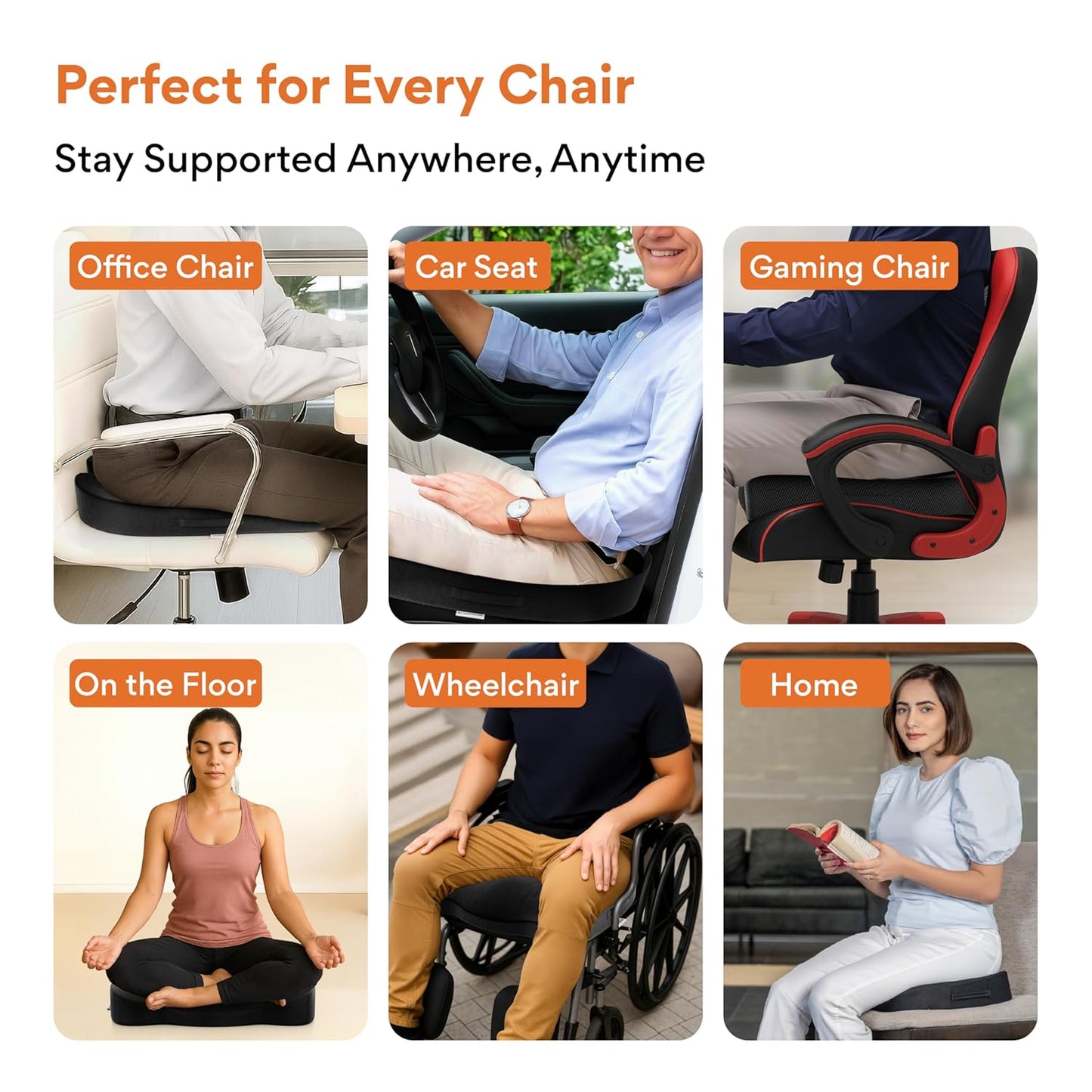 FOVERA Orthopedic Coccyx Seat Cushion for Tailbone Pain | 2-Years Warranty | Memory Foam Chair Pad for Sciatica & Back Pain Relief (18 x 17 Inch), Fits Up to 120Kg Wt, for Chair & Car (Mesh Black)