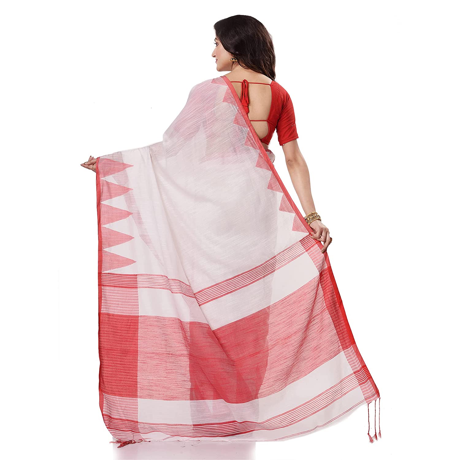 Desh Bidesh Women's Traditional Bengali Handloom Tant Pure Cotton Saree Khadi Temple Par Desigined With Blouse Piece | Swadesiicart