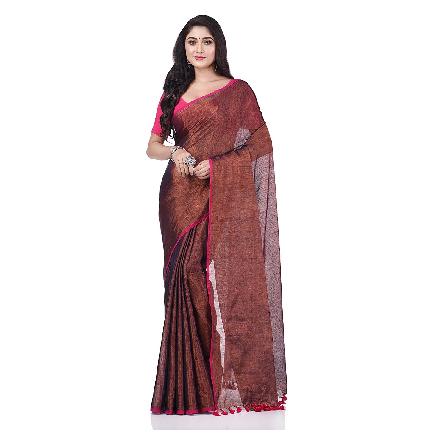 Desh Bidesh Women's Bengal Mayurkonthi Color Changer Tissue Khadi Pure Handloom Cotton Saree With Blouse Piece | Swadesiicart