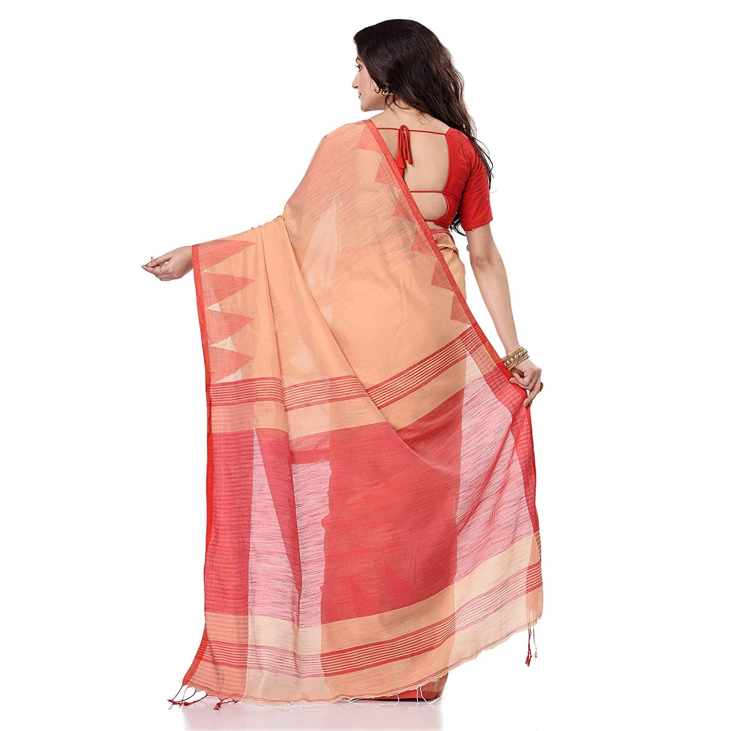 Desh Bidesh Women's Traditional Bengali Handloom Tant Pure Cotton Saree Khadi Temple Par Designed With Blouse Piece | Swadesiicart