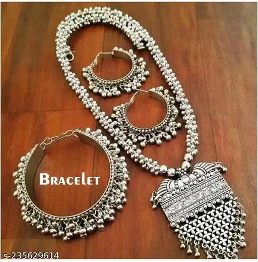 Tehzeeb Creations Women's Silver Colour Oxidised Necklace Earring And Bangle Set - Swadesiicart