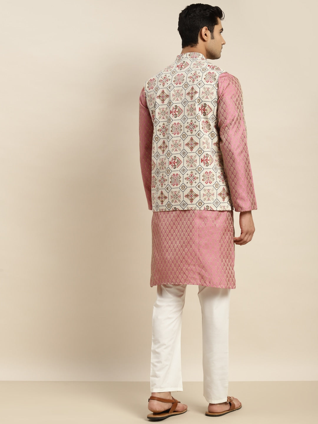 Sojanya Men Pink Ethnic Motifs Kurta with Churidar & Nehru Jacket | Swadesiicart