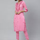 ADA Women Pink & Red Chikankari Embroidered Sustainable Handloom Kurta with Trousers | Swadesiicart