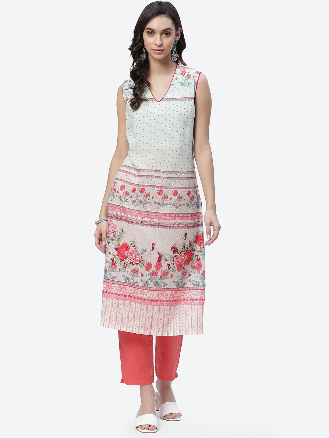 Biba Women Green Floral Printed Thread Work Kurta - Swadesiicart