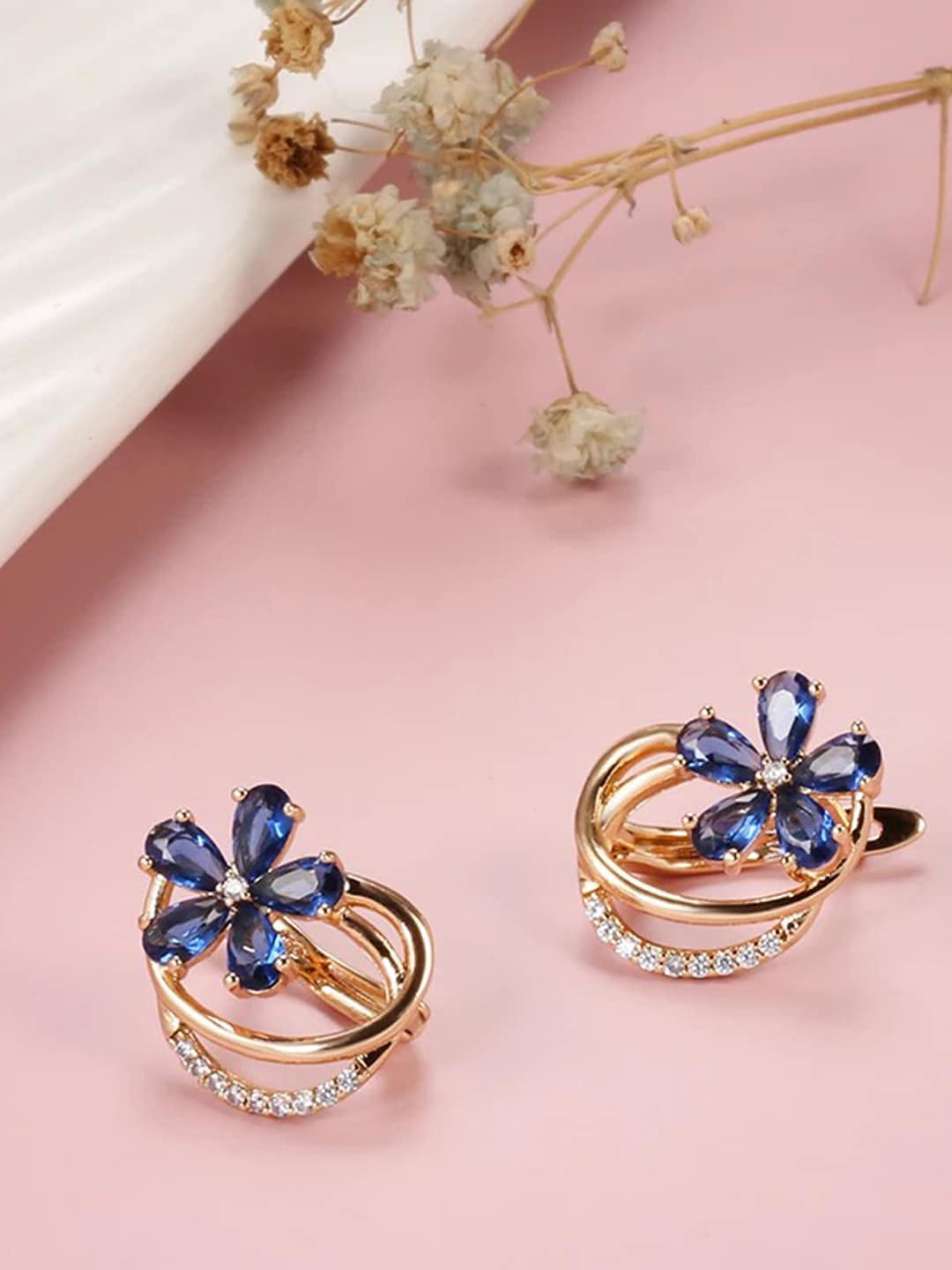 Shining Diva Rose Gold-Polished Blue Floral Studs Earrings - Swadesiicart