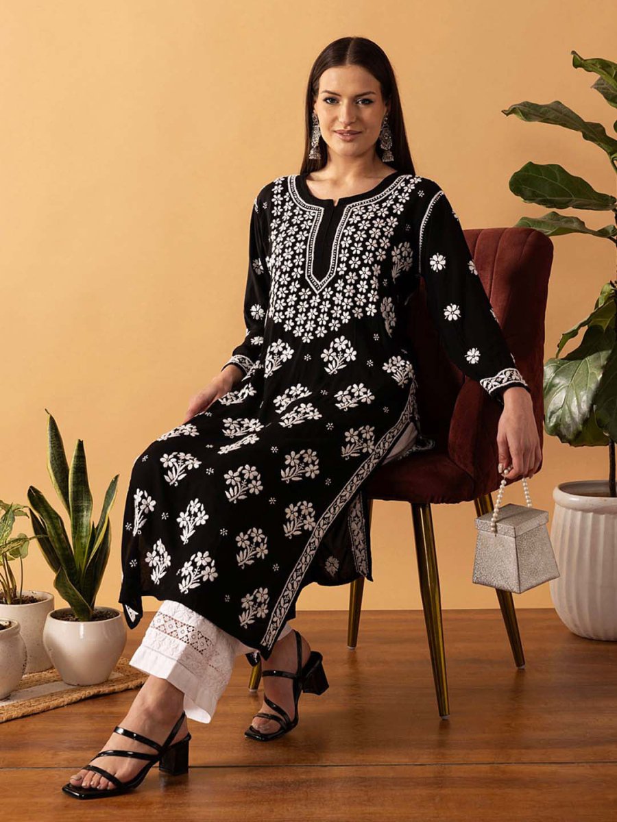 ADA Floral Printed Lucknowi Chikankari Kurta | Swadesiicart