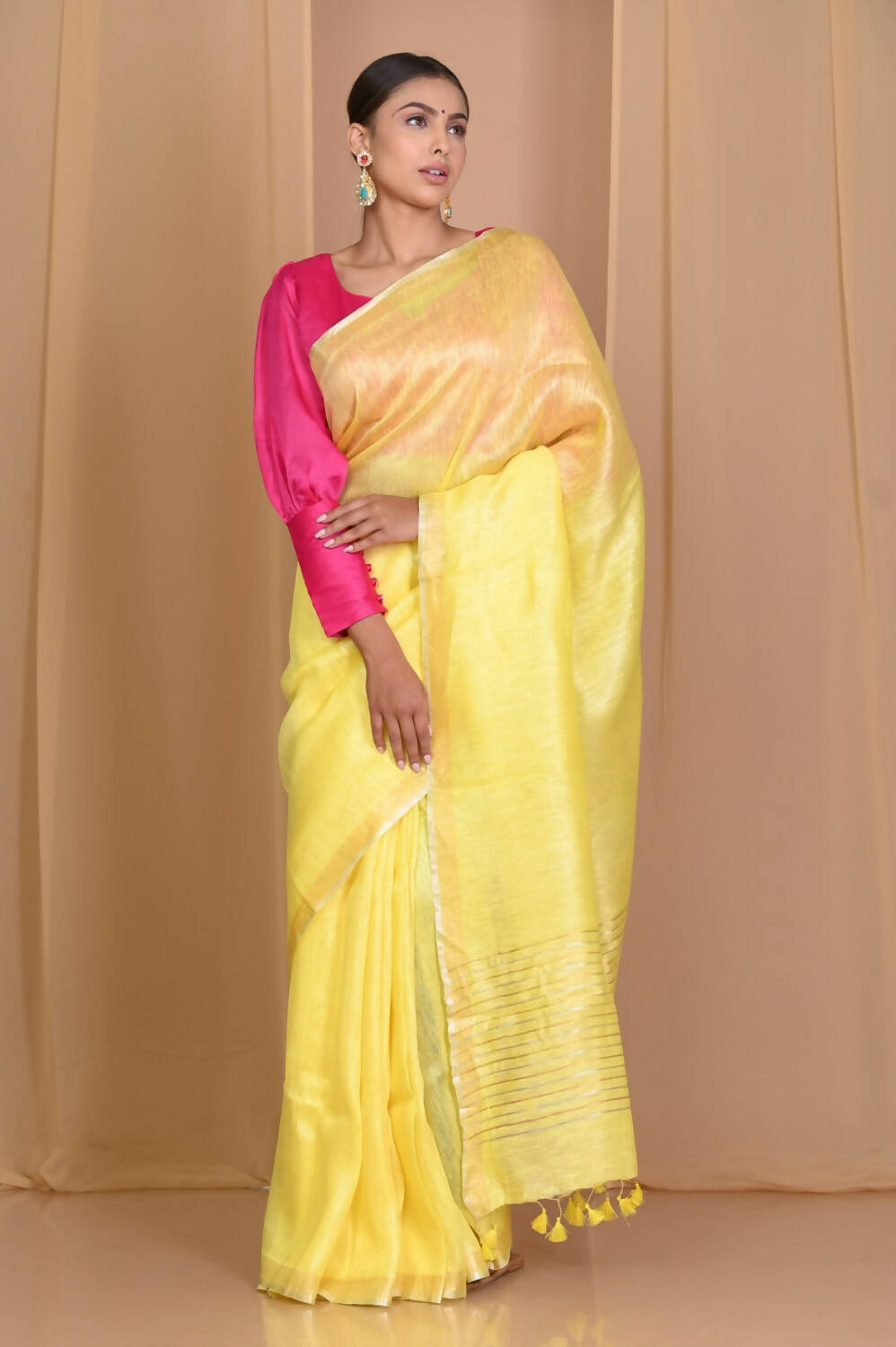 Very Much Indian Pure Linen Silk Saree With Sleek Border - Yellow | Swadesiicart