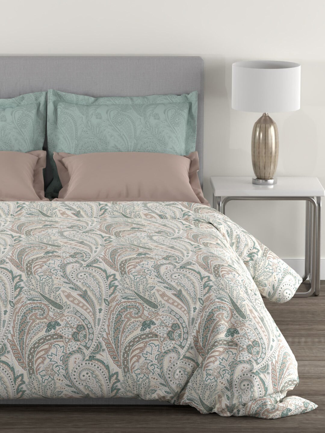 MYTRIDENT Green White Ethnic Motifs Cotton 144 TC Queen Bedsheet With 2 Pillow Covers - Swadesiicart