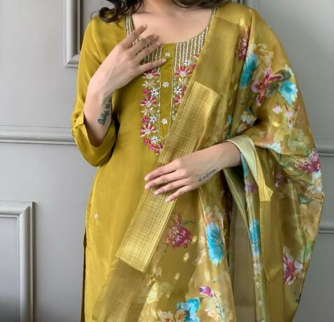 The52 Mustard Gorgeous Embroidered Viscose Chanderi Fabric Straight Kurta Pant with Dupatta Set - Swadesiicart