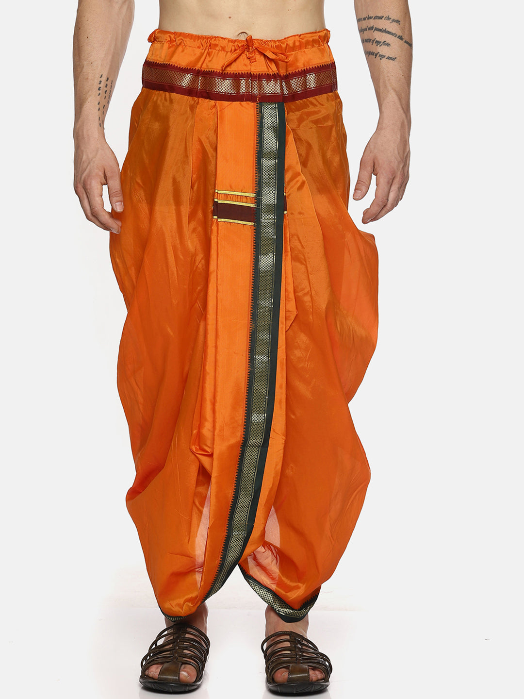 Sethukrishna Men Orange Solid Readymade Dhoti Pants With Angavastram | Swadesiicart