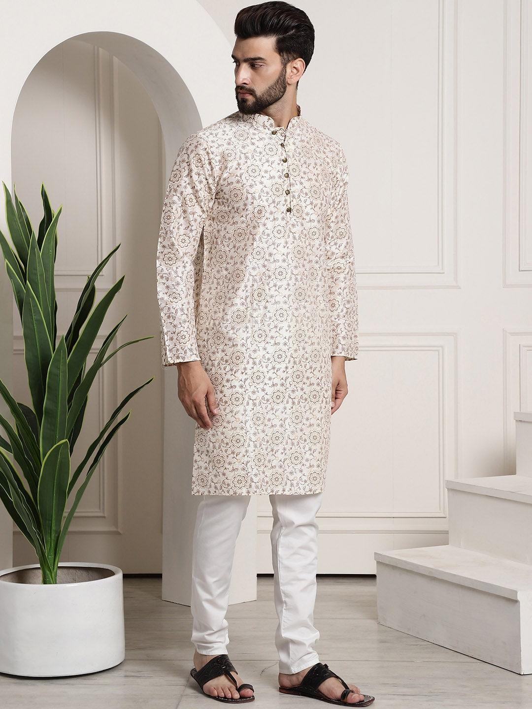 Sojanya Men Cream-Coloured & Brown Silk Cotton Printed Regular Kurta with Churidar | Swadesiicart
