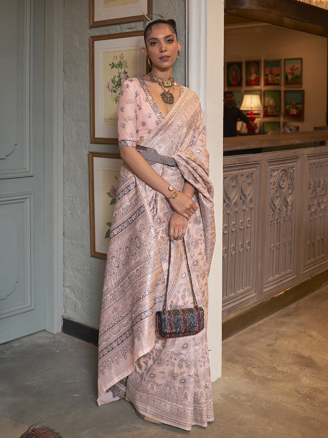 Mitera Peach-Coloured & Grey Ethnic Motifs Zari Banarasi Saree | Swadesiicart