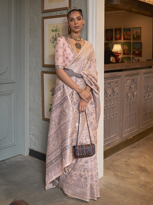 Mitera Peach-Coloured & Grey Ethnic Motifs Zari Banarasi Saree | Swadesiicart