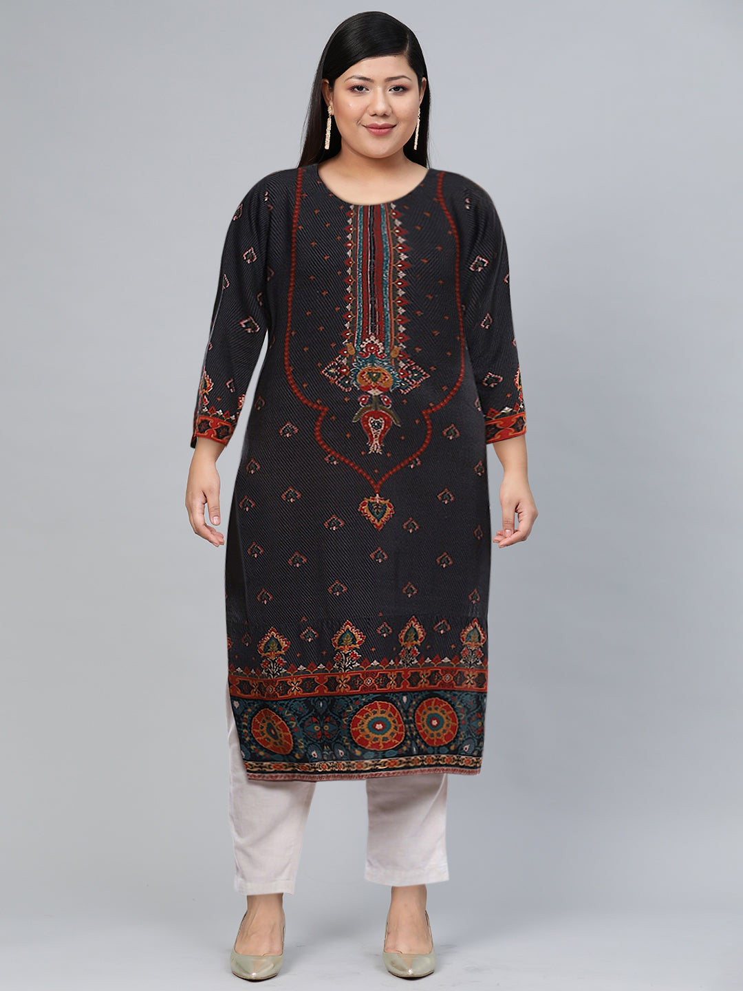 Biba Women Black Ethnic Motifs Printed Kurta - Swadesiicart