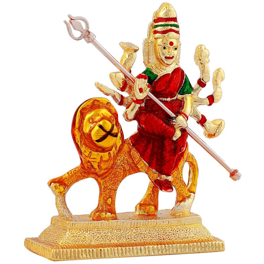 Estele Gold-Polished Sherawali Durga Ma Idol with multi-color Stone Type:Enamel for Pooja & Car decor - Swadesiicart