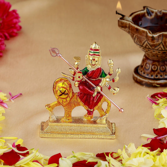 Estele Gold-Polished Sherawali Durga Ma Idol with multi-color Stone Type:Enamel for Pooja & Car decor - Swadesiicart