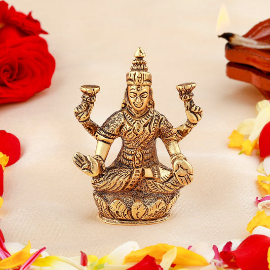 Estele Gold-Polished goddess of wealth Laxmi Devi on lotus Idol for Pooja/Car decor - Swadesiicart