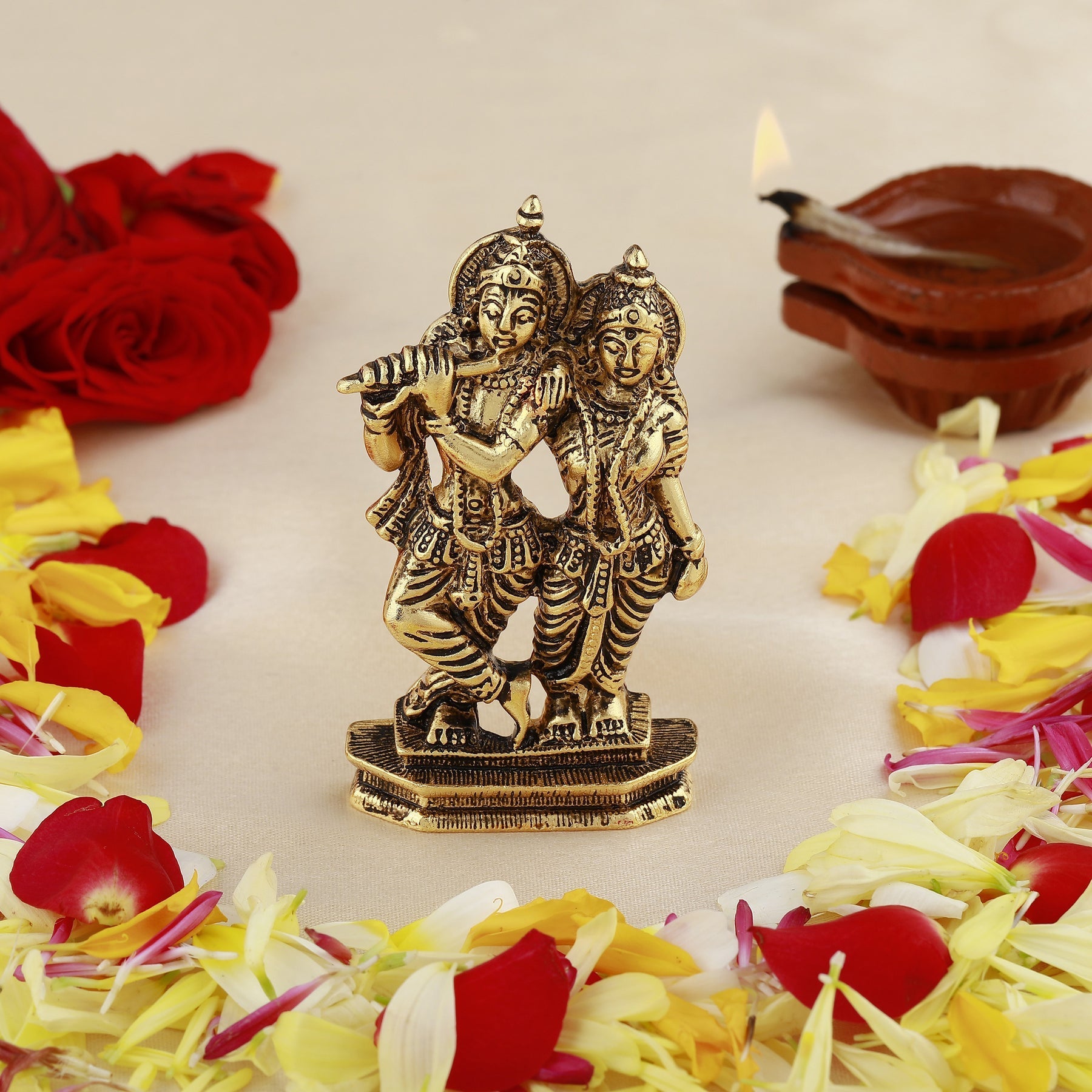 Estele Gold-Polished Devotional Shree Radha Krishna Idol for Home/Car Decor - Swadesiicart