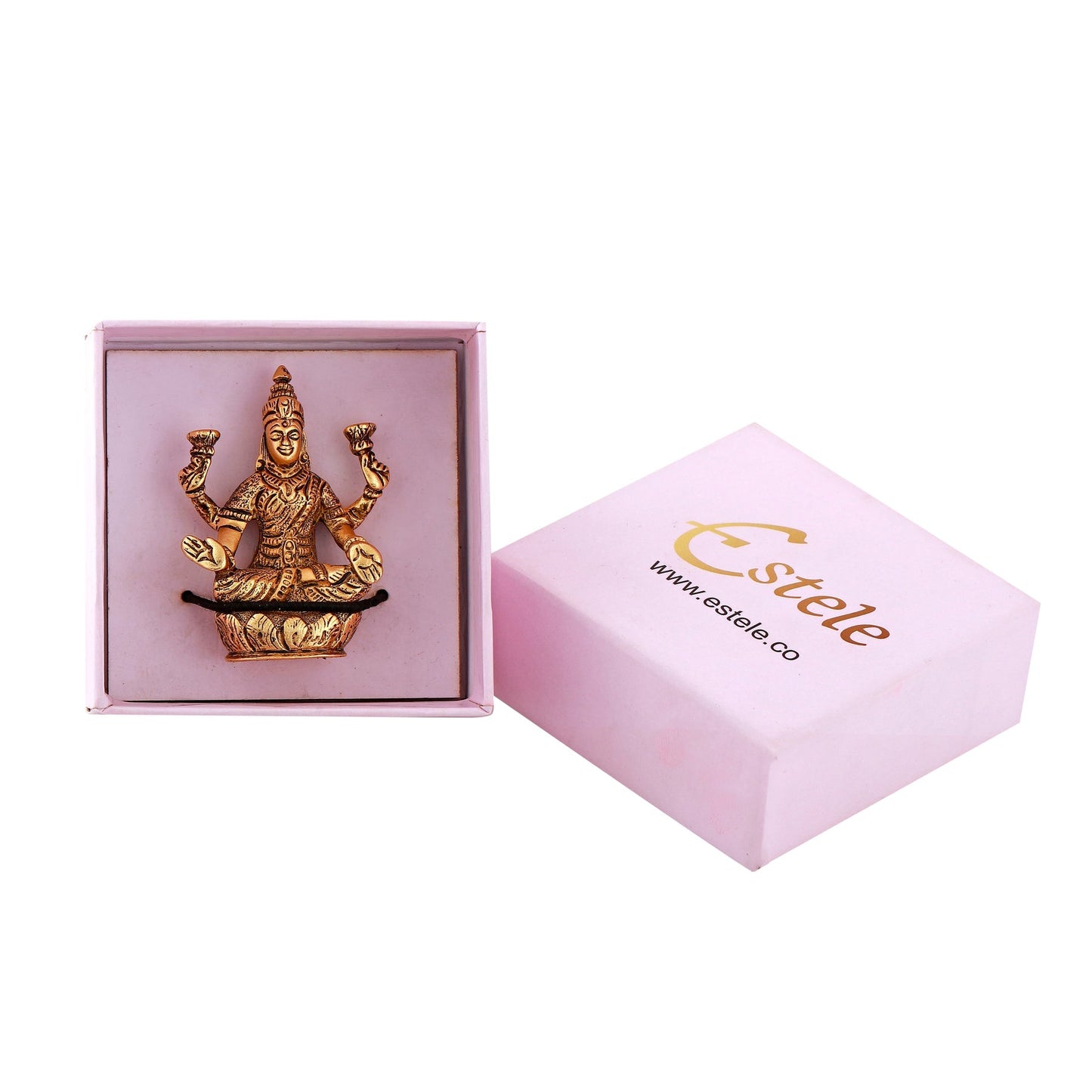 Estele Gold-Polished goddess of wealth Laxmi Devi on lotus Idol for Pooja/Car decor - Swadesiicart