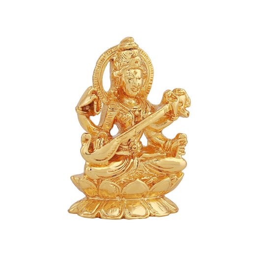 Estele Gold-Polished Goddess of Knowledge Sarasavti Ma Idol for Pooja & Car decor - Swadesiicart